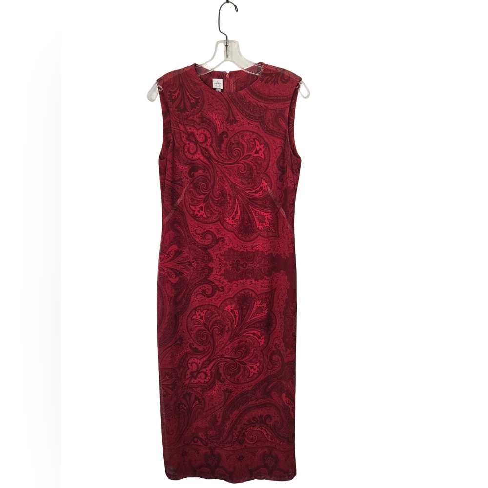 Anne Klein Red & Black Paisley Sleeveless Sheath Dress | Size 8 | Lined
